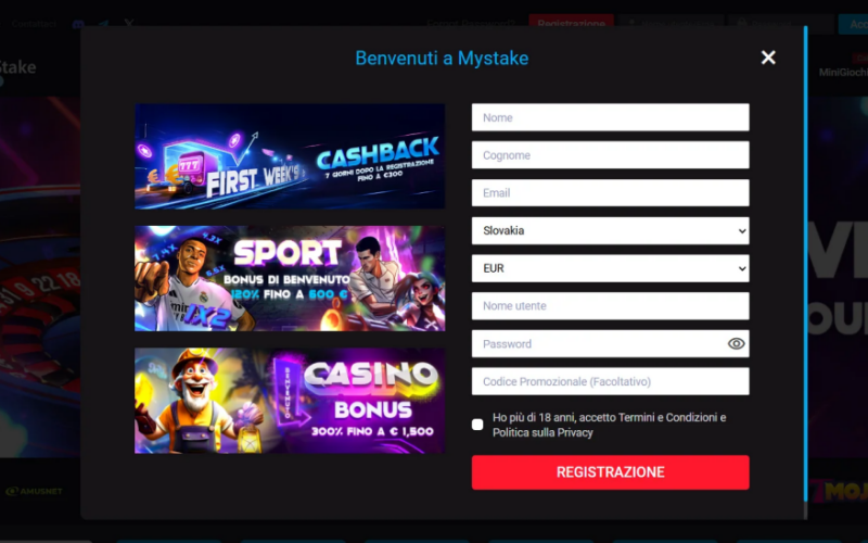 Come registrarsi su Mystake casino?